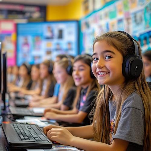 happy student with headphone on a computer